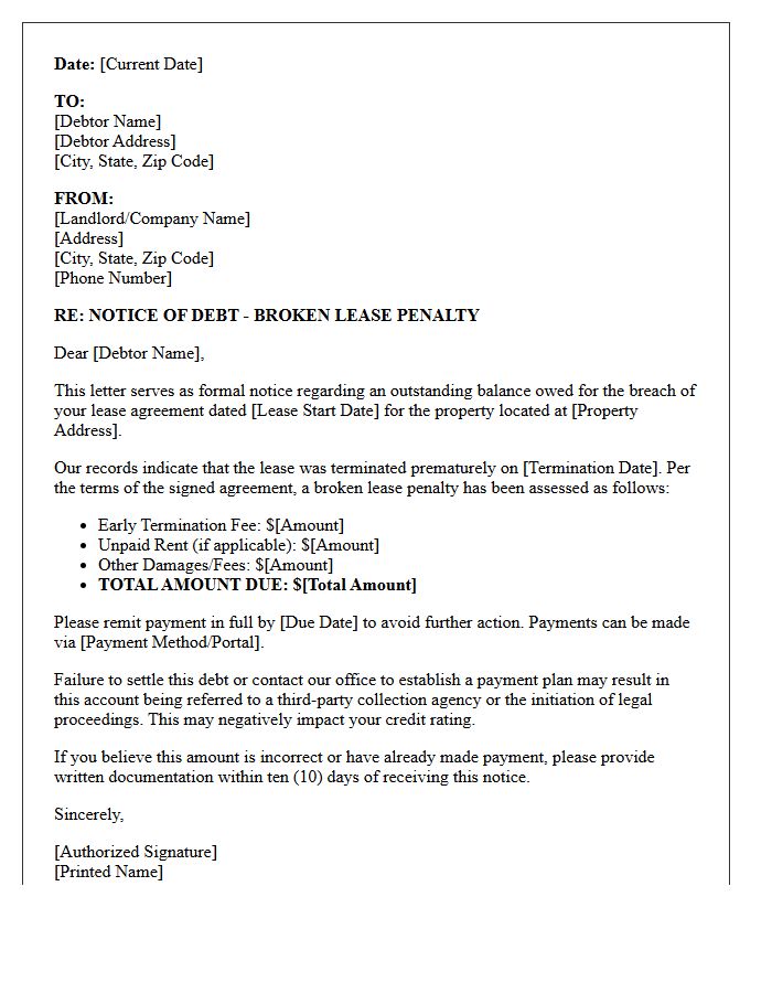 Broken Lease Penalty Debt Collection Letter