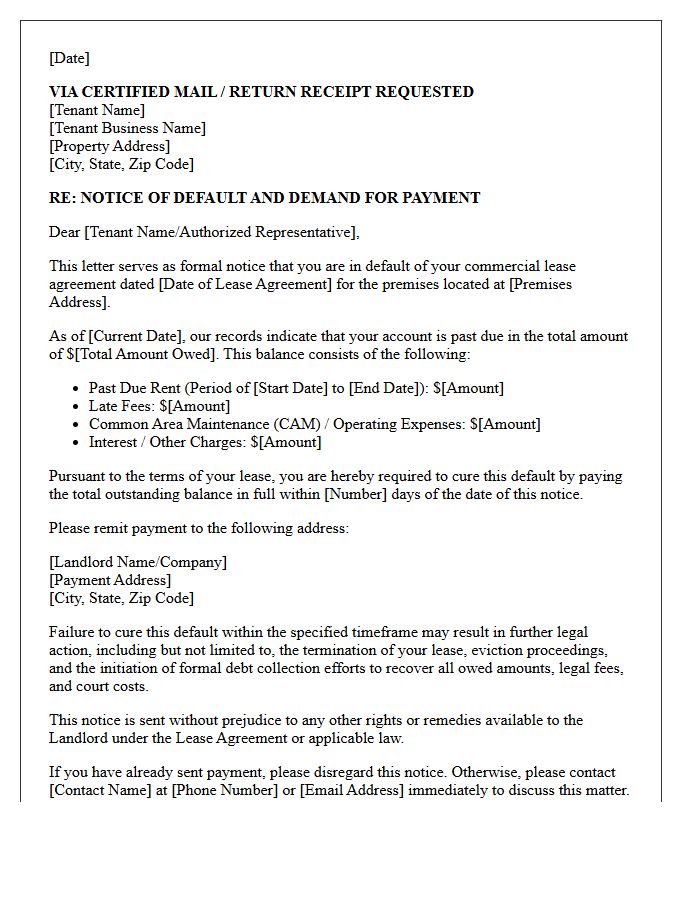 Commercial Lease Default and Debt Collection Letter