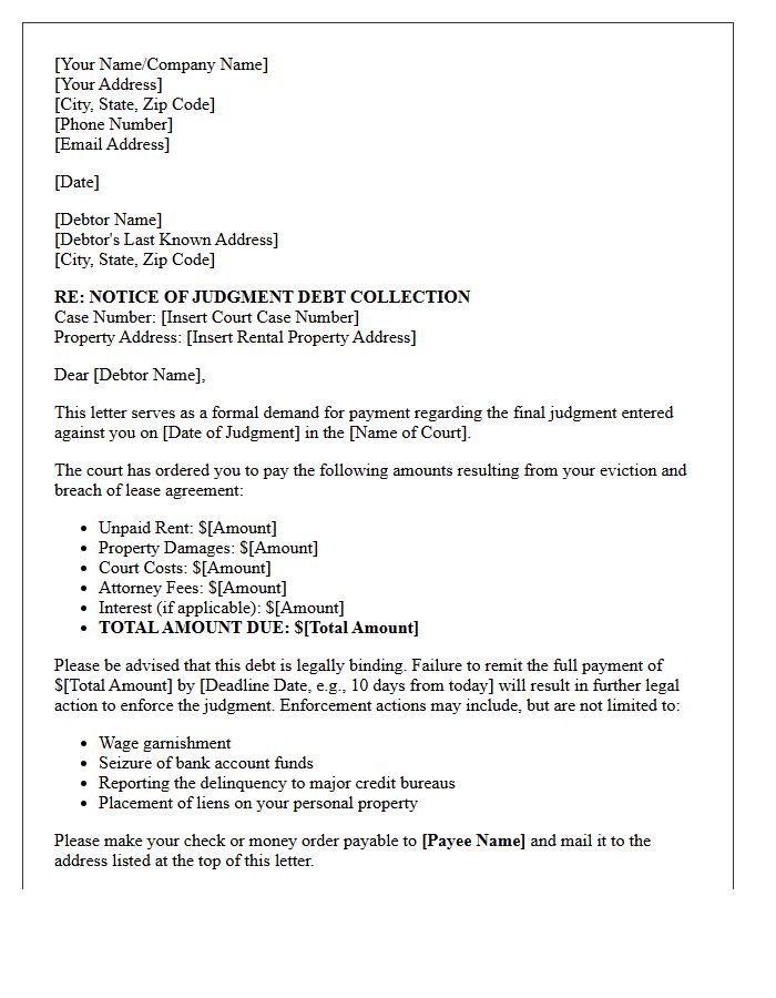 Eviction Judgment Debt Recovery Letter