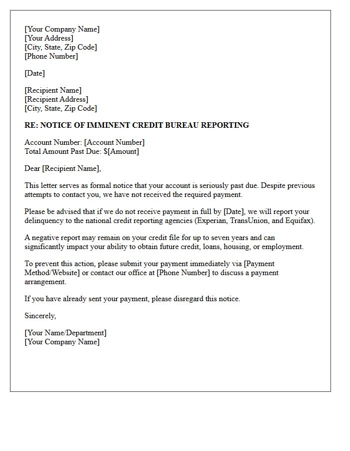 Notice of Imminent Credit Bureau Reporting Letter