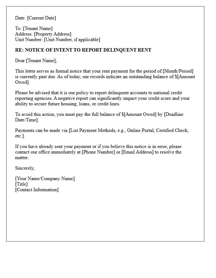 Notice of Intent to Report Delinquent Rent Letter