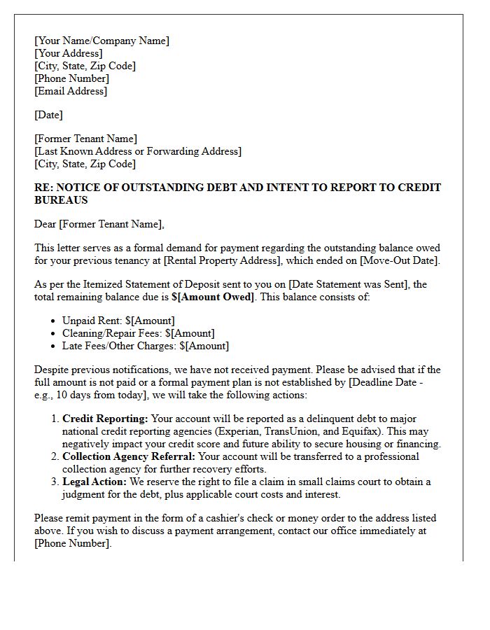 Post-Move-Out Debt Collection and Credit Reporting Letter