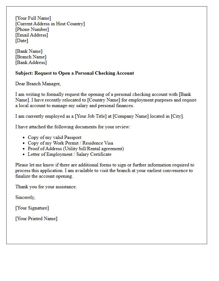 Expatriate Personal Checking Account Opening Request Letter