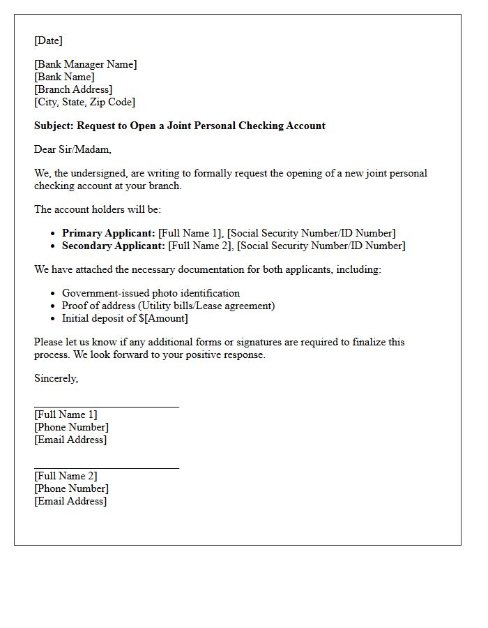 Joint Personal Checking Account Opening Request Letter