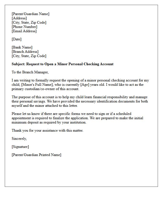 Letter of Request for Minor Personal Checking Account Opening