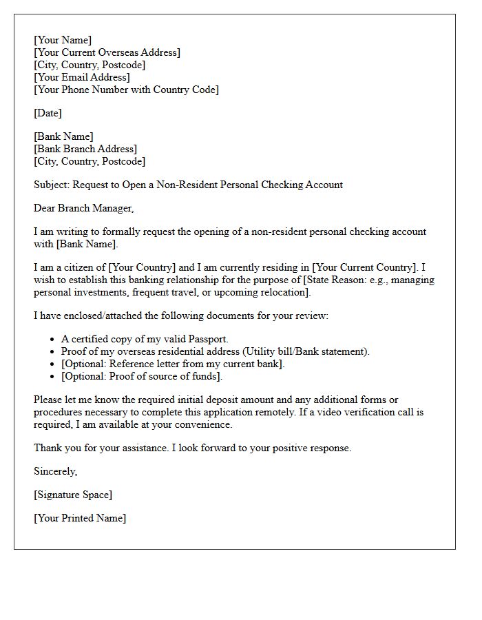 Non-Resident Personal Checking Account Opening Request Letter