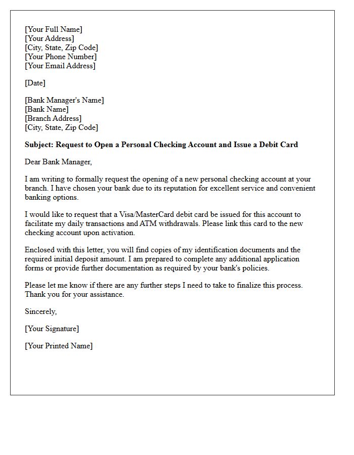 Personal Checking Account Opening Request Letter with Debit Card Issuance