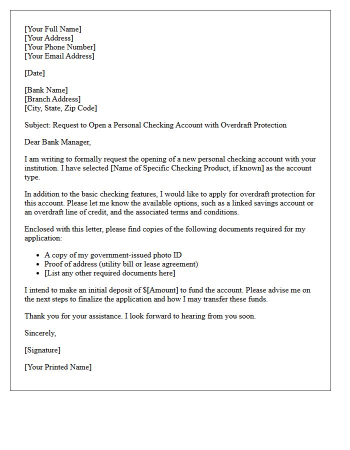 Personal Checking Account Opening Request Letter with Overdraft Protection