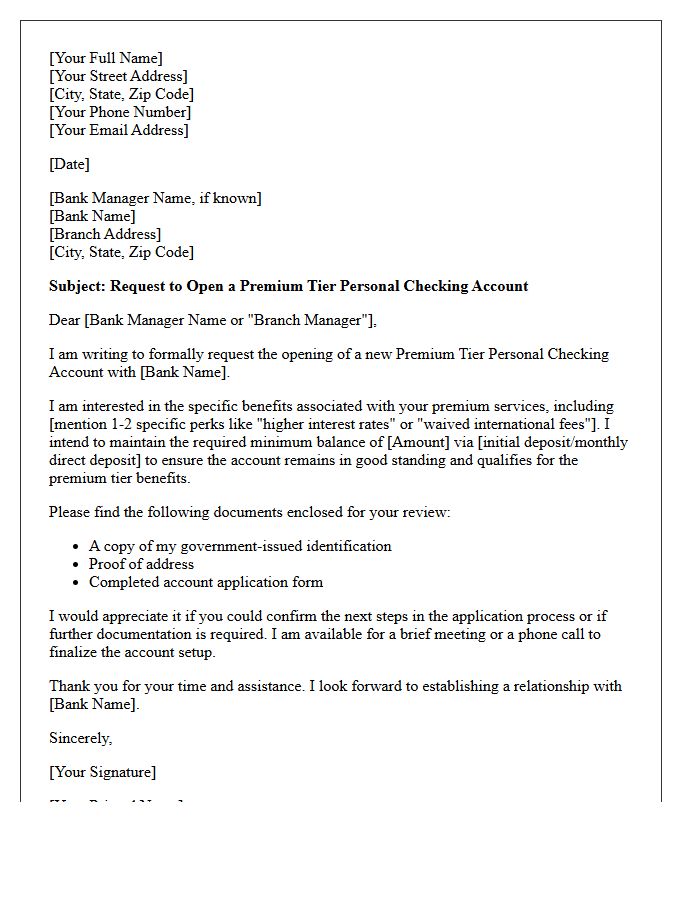 Premium Tier Personal Checking Account Opening Request Letter