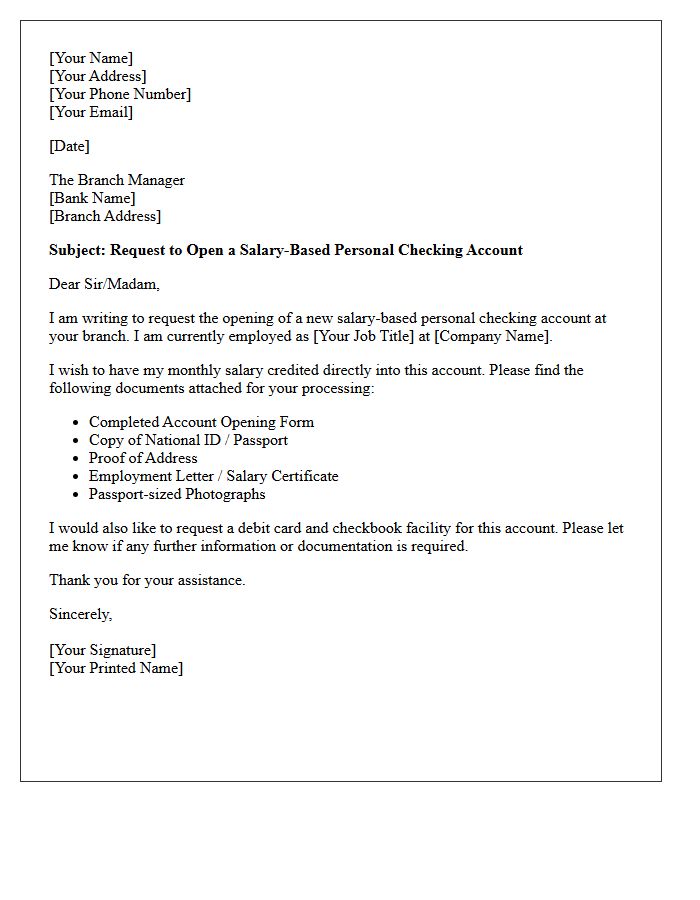 Salary Based Personal Checking Account Opening Request Letter
