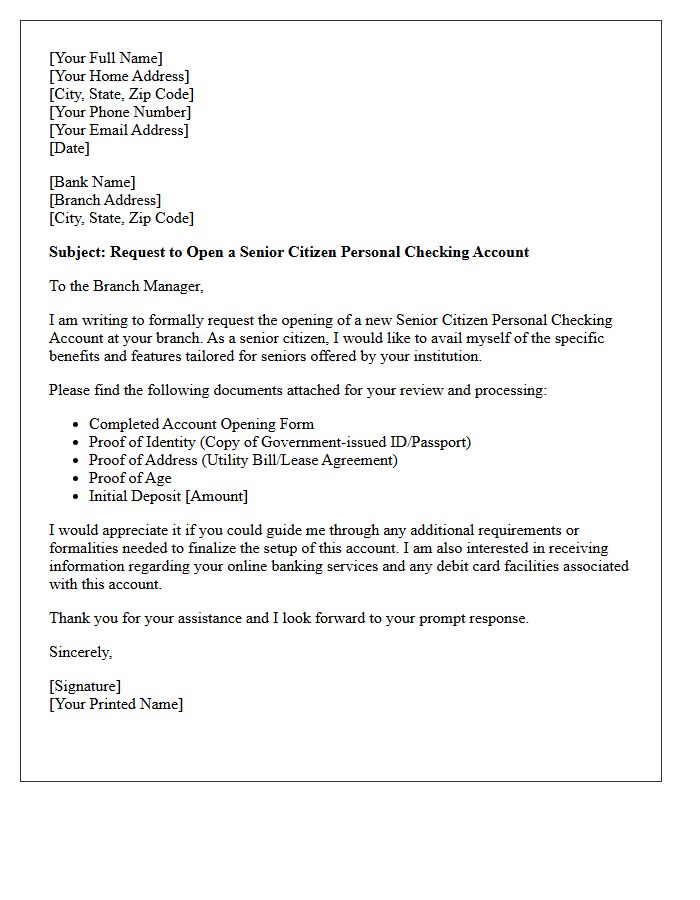Senior Citizen Personal Checking Account Opening Request Letter