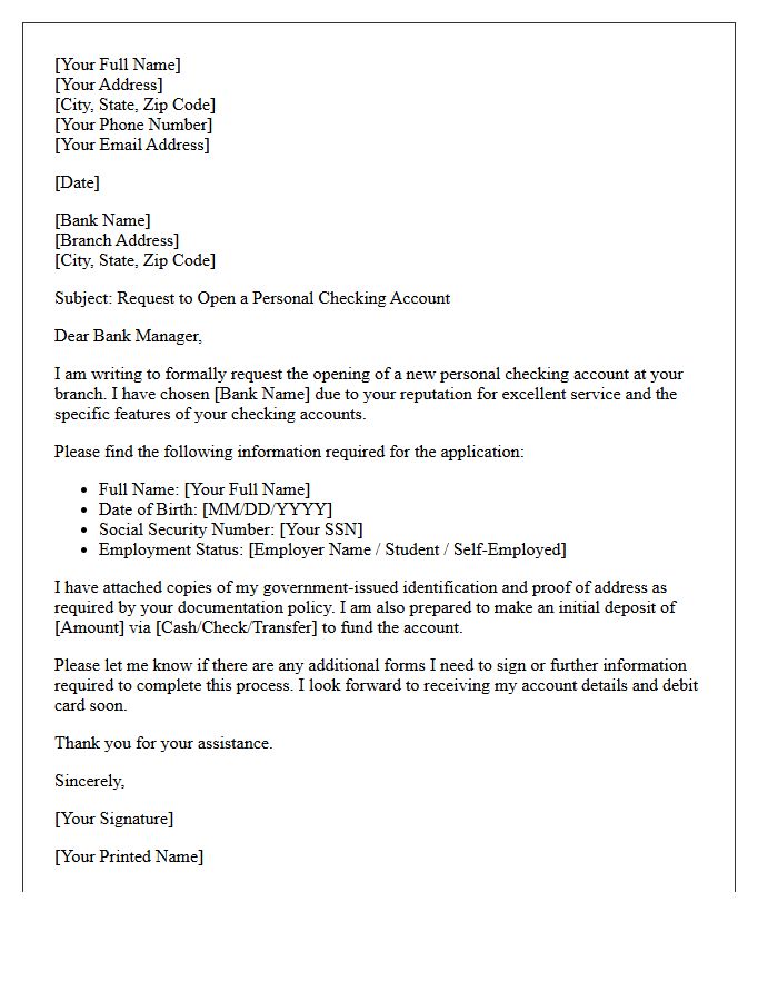 Standard Letter of Request for Personal Checking Account Opening