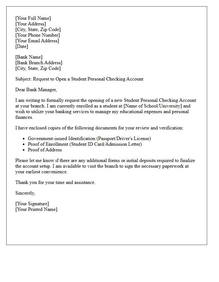 Student Personal Checking Account Opening Request Letter